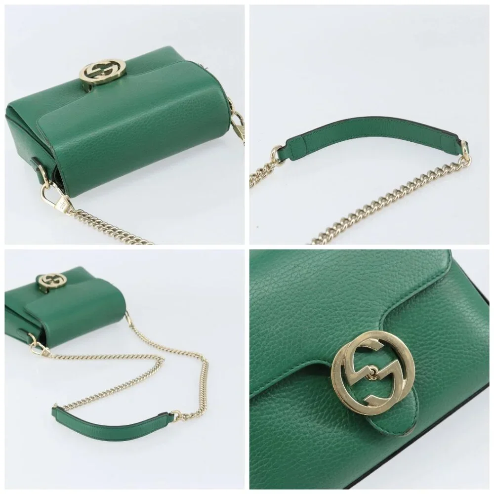 GUCCI Interlocking G Chain Shoulder Bag Leather Green Gold 607720 Auth 158806 - Picture 16 of 16
